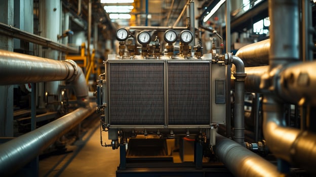 A large industrial heat exchanger with pressure gauges in a factory, surrounded by metallic pipes photo