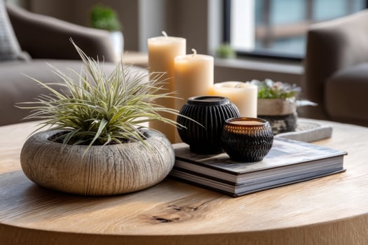 Cozy coffee table with candles, books and potted plant photo