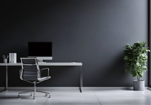 A modern office space with a large desk and a chair photo