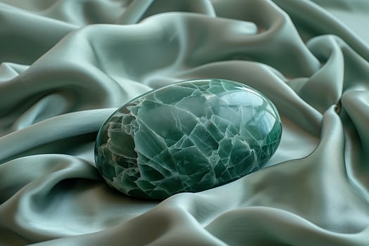 A green marble sitting on a silk cloth photo