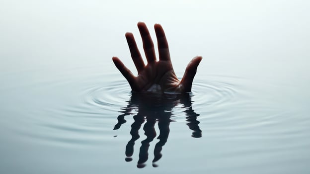 A hand emerging from calm, still water, creating gentle ripples. Minimalist and slightly surreal image with a sense of mystery photo