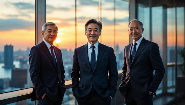 Business professionals talking in an office with city skyline in the background photo