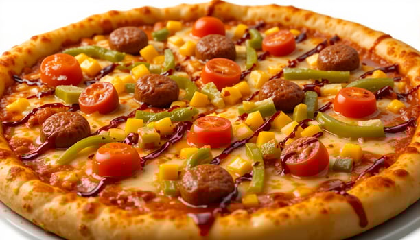 Golden-Brown Pizza with Sausage, Corn, Bell Peppers, and BBQ Sauce on Clean White Background photo