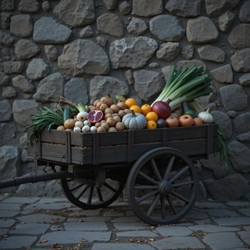 Produce Cart with Seasonal Vegetables and Fruits for Market photo