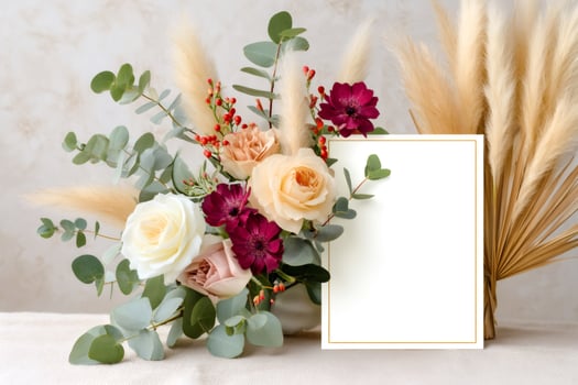 Elegant floral arrangement decorating a blank card with golden frame photo
