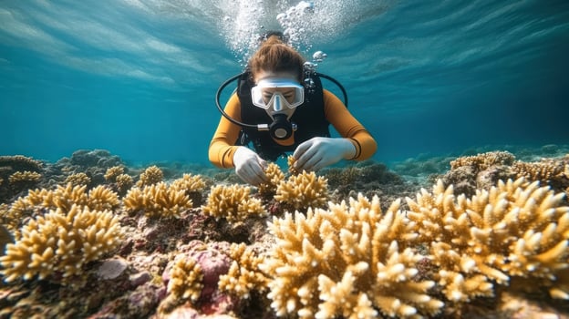 Underwater scuba diver planting coral fragments on vibrant reef in clear blue ocean water with sunlight shining through photo