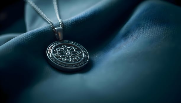 a necklace with a medallion on it sitting on a blue cloth photo