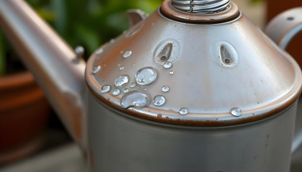 a metal tea pot with water droplets on it photo