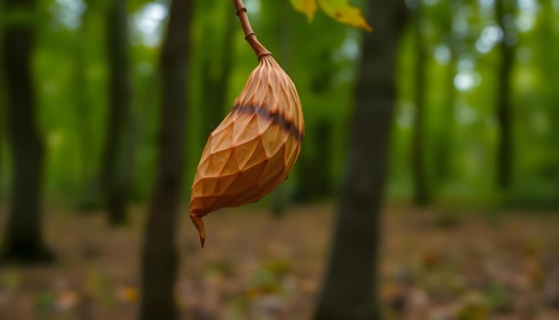 a leaf hanging from a tree in a forest photo