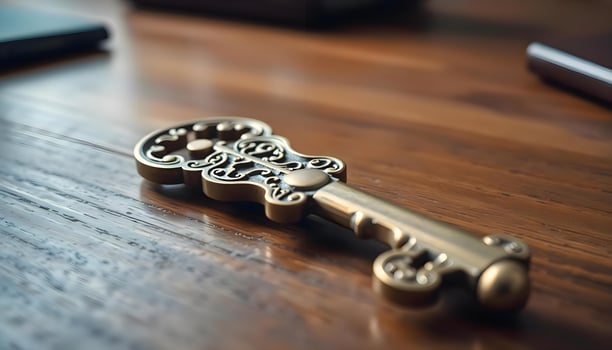a golden key on a wooden table next to a cell phone photo