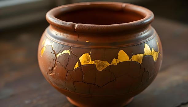 a brown vase with yellow leaves painted on it photo