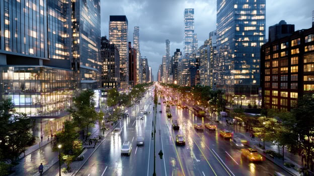 A city street with cars and buildings at night photo