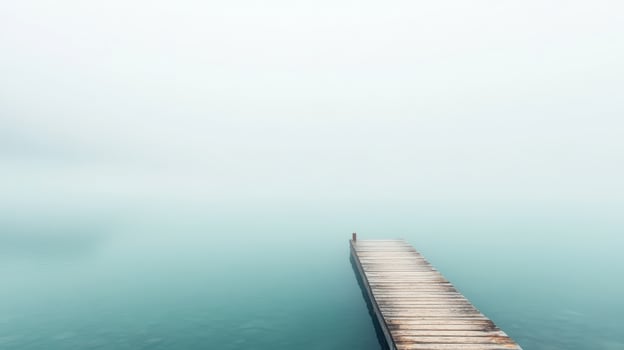 A wooden dock in the fog on a lake photo