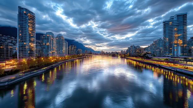 A river in the city at dusk with tall buildings photo