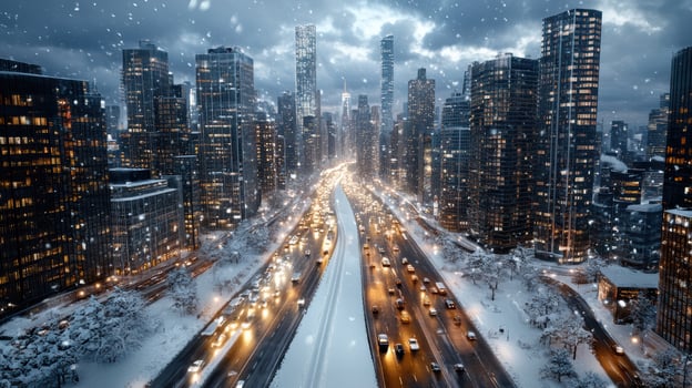 Winter city traffic in new york city, winter night, snowfall, traffic lights, city photo
