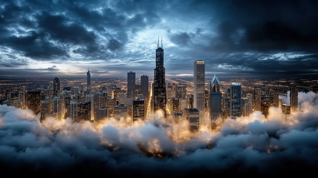 A city in the clouds with a dark sky photo