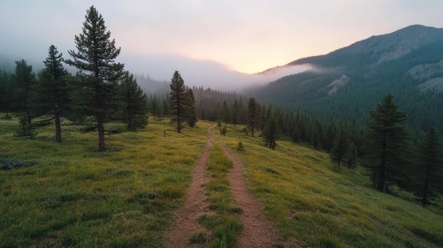 A dirt path leads through the mountains at sunset photo