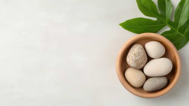 Stone pebbles and green leaf on white background photo