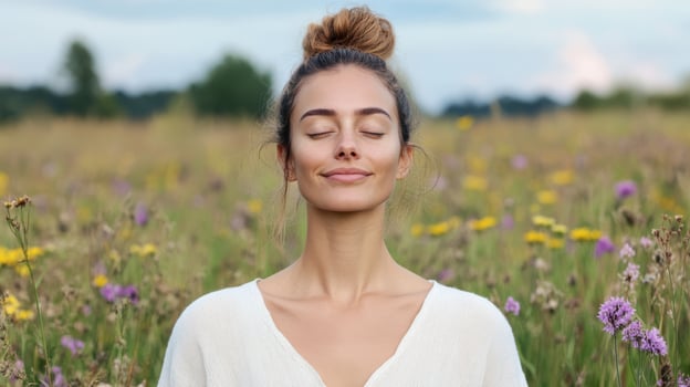 A woman is meditating in a field of flowers photo
