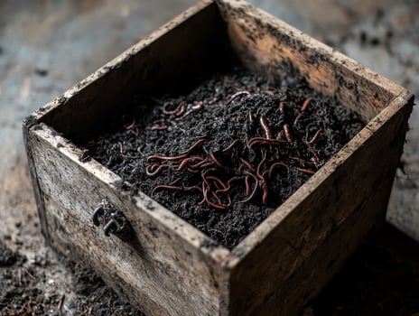 A rustic wooden box filled with dark soil and small, wriggling worms, suggesting themes of nature and gardening. photo