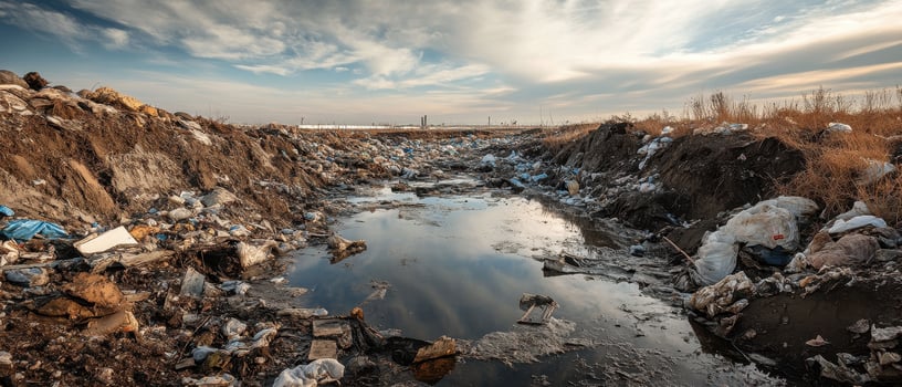 A desolate landscape with a muddy pool reflecting the cloudy sky, surrounded by rocky terrain and sparse vegetation. photo
