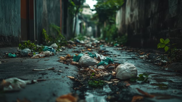 A narrow alley littered with plastic waste and debris, surrounded by overgrown plants, highlighting urban neglect and environmental issues. photo