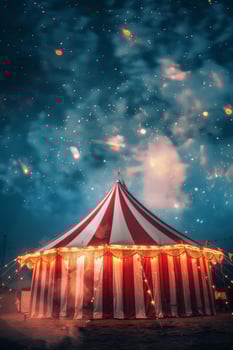 Striped circus tent illuminated at night photo