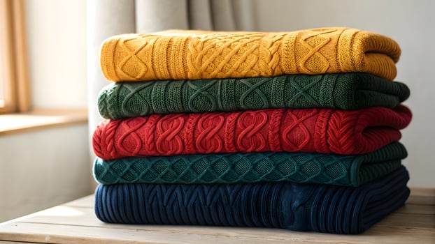 Cozy sweaters stacked neatly on a wooden table in a warm living room photo