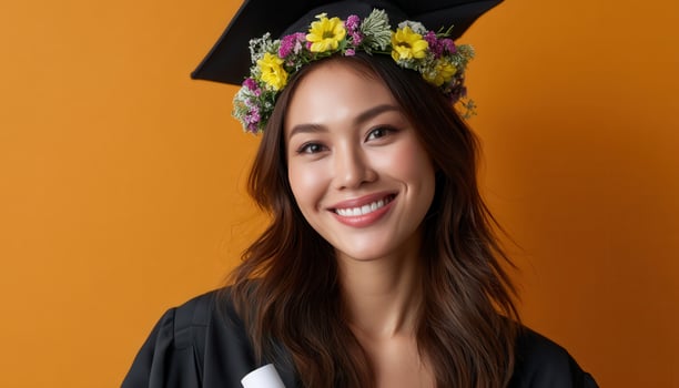 Smiling asian female graduate with floral crown graduation ceremony portrait studio joyful celebration photo