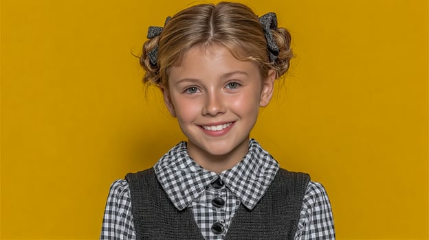 Cheerful girl in classic checkered school uniform and black vest smiling brightly on bright background photo