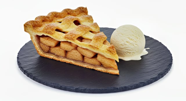 Classic Apple Pie Slice on Dark Slate Plate Ready to Eat Dessert photo