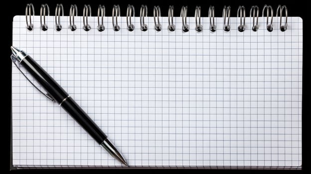 Minimalist Flatlay of Office Supplies Black Pen on Grid Notebook photo