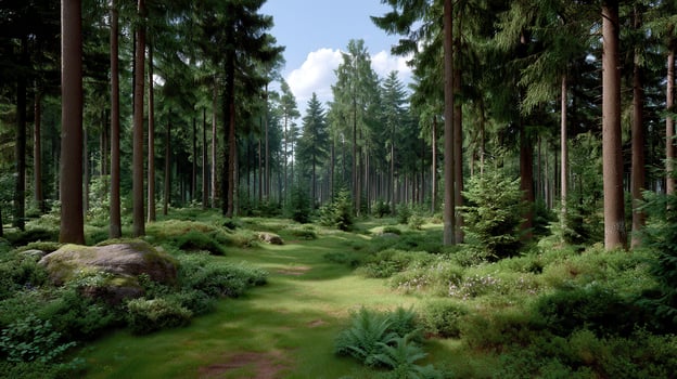 Serene Sunlight Filtering Through Tall Pine Trees in a Lush Green Forest photo