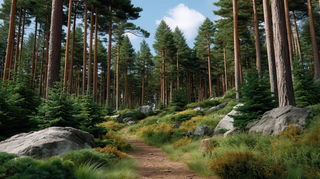 Serene Path Through a Lush Pine Forest on a Sunny Day Tall Trees and Rocky Terrain Create a Picturesque Nature Scene photo