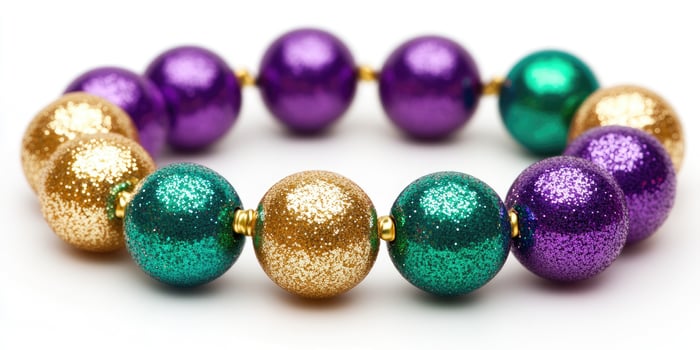 Colorful beaded circular arrangement featuring green purple gold beads for festive decoration photo
