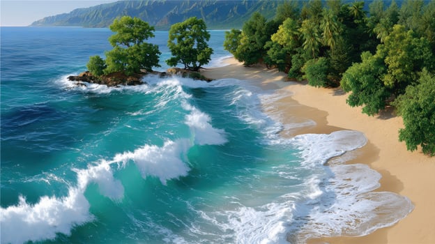 Stunning Aerial View of Ocean Waves Crashing on a Tropical Beach with Lush Green Trees photo