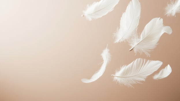 Several soft white feathers gently floating against a smooth, light beige background. Airy and delicate composition with ample copy space photo