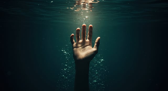 Mans hand reaching up from dark water with bubbles toward a light source, symbolizing hope, rescue, or struggle in an underwater environment. photo