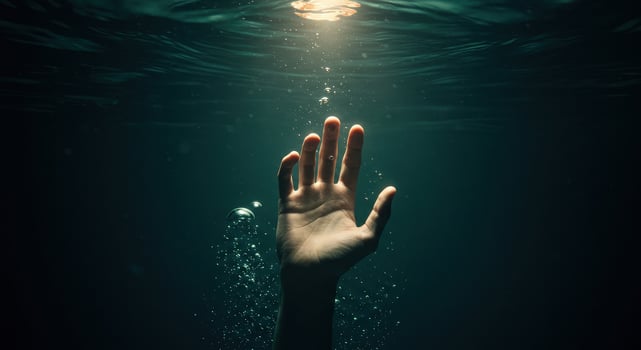 Mans hand reaching up from dark water with bubbles, illuminated by light from above. Concept for drowning, need for help, or rescue in the deep sea. photo