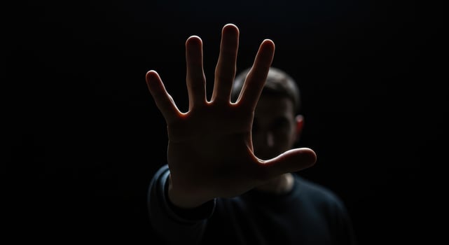 A close up shot of a hand raised towards the camera, fingers slightly spread, blocking the view of a blurred man in the background. photo