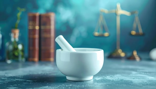 Close up of a white porcelain mortar and pestle on a dark stone surface, with law books and scales in the background. photo