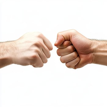 Male hands tensing, fists nearly colliding, symbolizing competitive challenge, negotiation tension, or impending conflict against stark white background photo