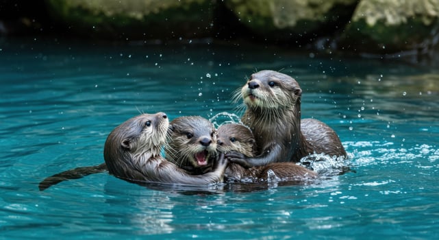 Playful Otters Splashing Together in Clear Blue Water photo