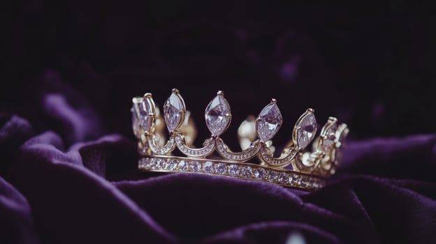 A crown sits on top of a purple velvet photo