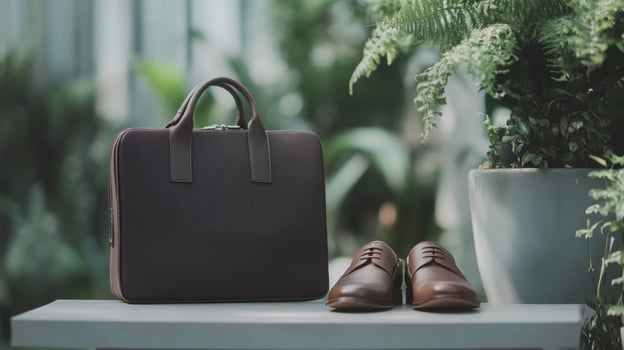 A modern work bag placed beside a stylish pair photo