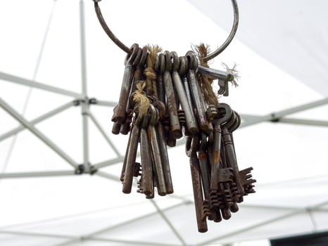 Vintage rusty skeleton keys hanging on metal ring outdoors photo