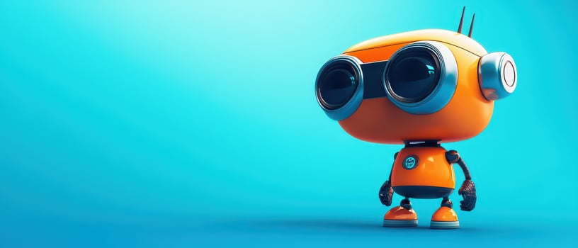 Cute orange robot stands on blue background photo