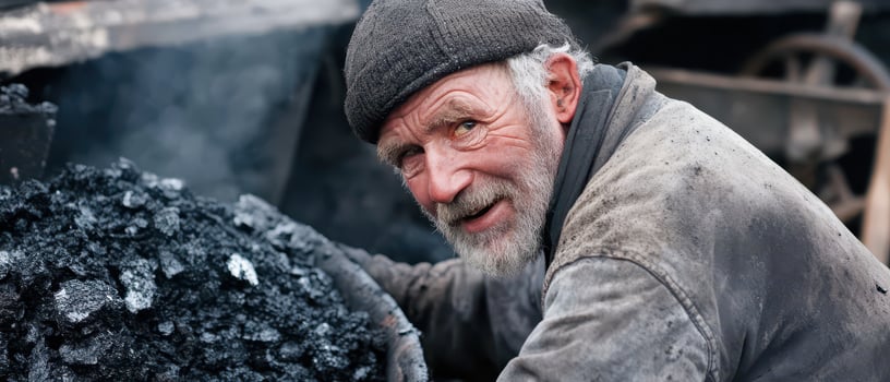 Old man handling coal in a rustic setting photo