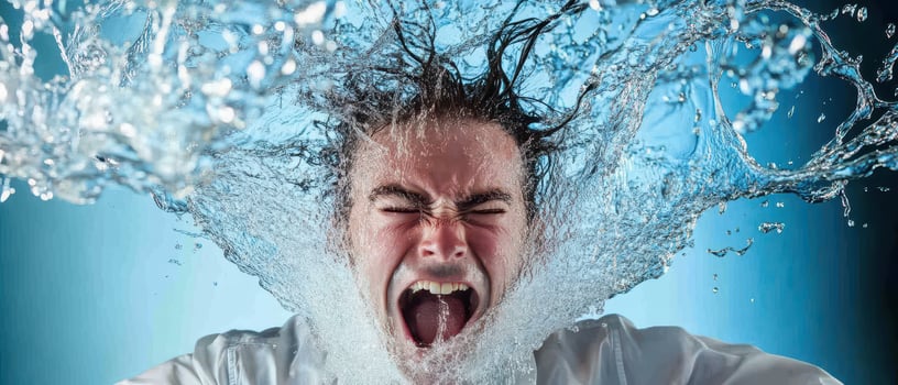 Person immersed in water with intense expression photo
