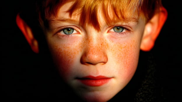 Close Up Portrait of a Young Boy with Red Hair and Freckles Soft Dreamy Lighting photo